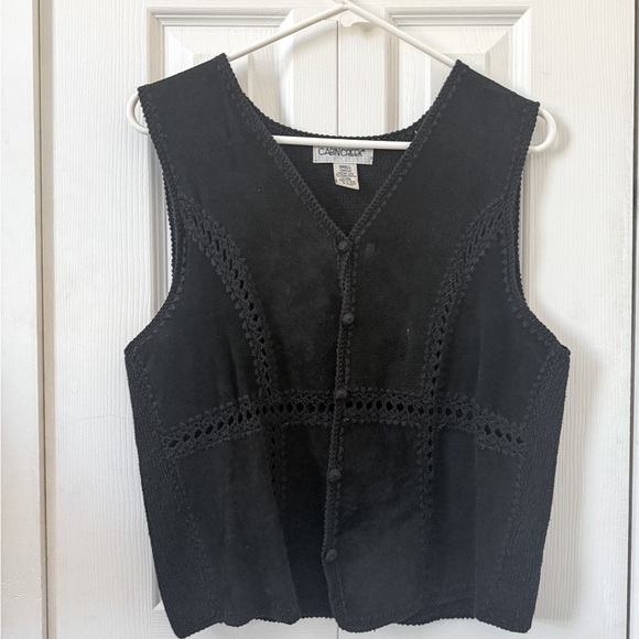 Cabin Creek Tops - Vintage Black Suede Leather Vest with Crochet Details